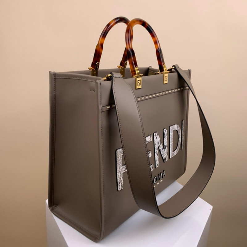 FENDI MEDIA SUNSHINE SHOPPER 8BH386 în piele gri și elaphe