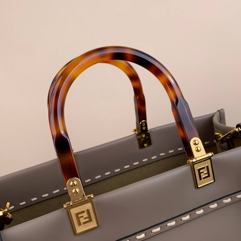 FENDI MEDIA SUNSHINE SHOPPER 8BH386 în piele gri și elaphe