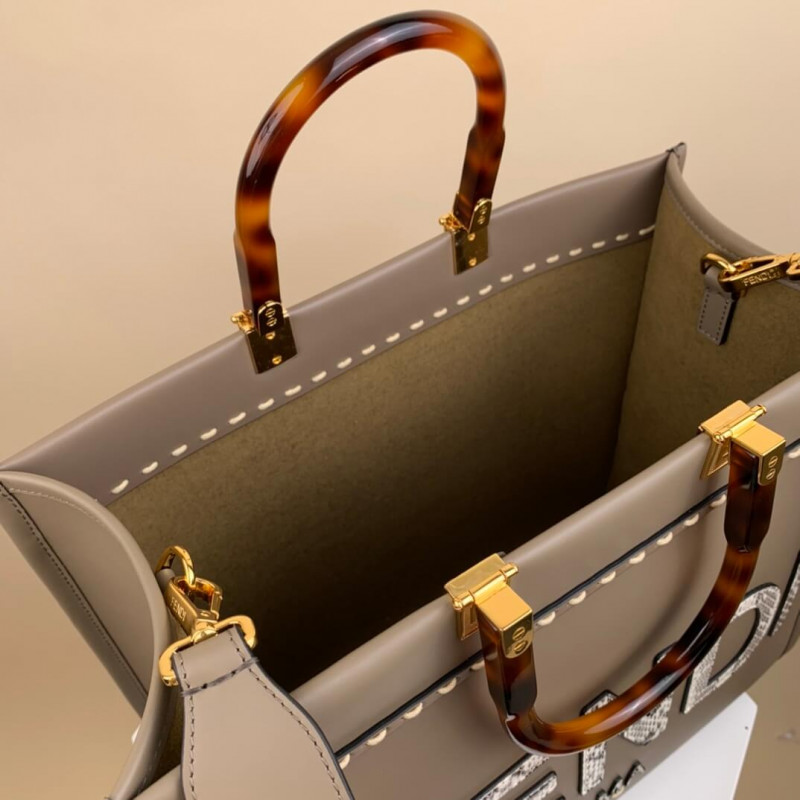 FENDI MEDIA SUNSHINE SHOPPER 8BH386 în piele gri și elaphe