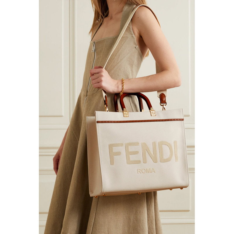 Geanta Fendi Mediu Sunshine în pânză cremă 8bh386 – Replică genți