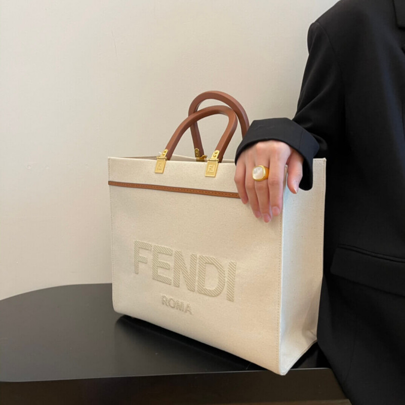 Geanta Fendi Mediu Sunshine în pânză cremă 8bh386 – Replică genți