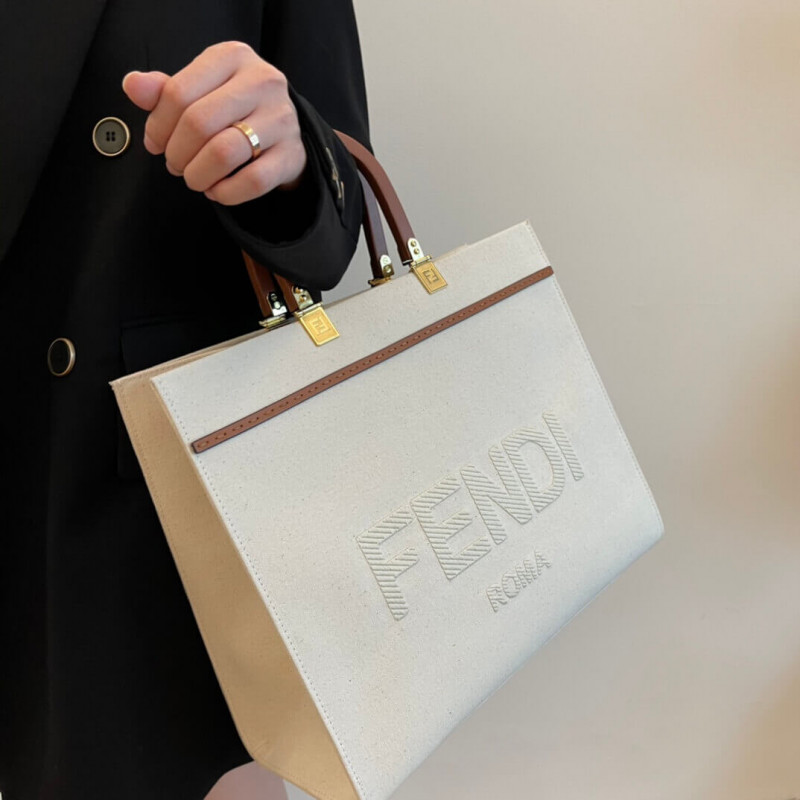 Geanta Fendi Mediu Sunshine în pânză cremă 8bh386 – Replică genți