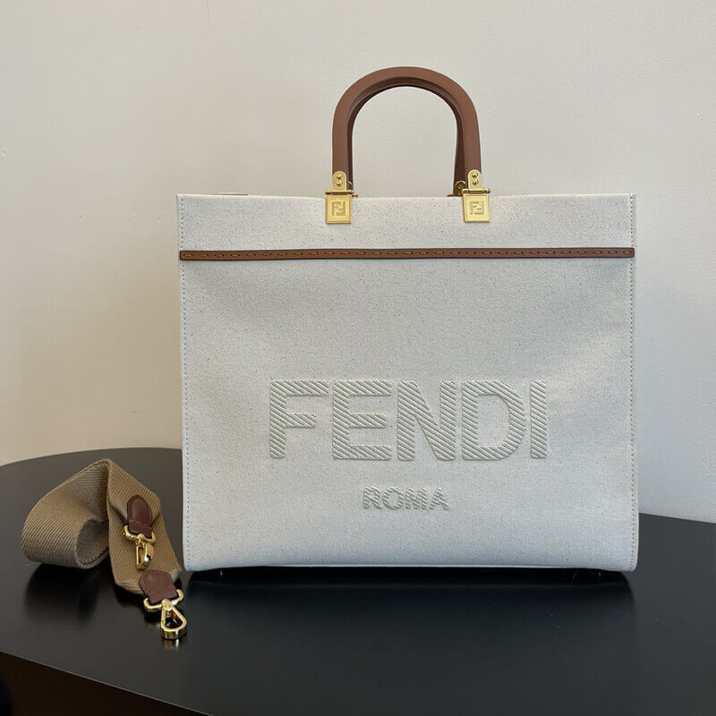 Geanta Fendi Mediu Sunshine în pânză cremă 8bh386 – Replică genți